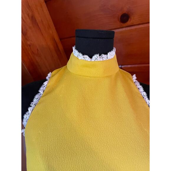 Vintage 70s Bright Yellow Lace Trim Keyhole Empire Waist Maxi Dress - Picture 6 of 7